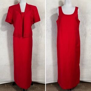 Vintage Jessica Howard 2 Pc Red Jacket Dress‎ Maxi Set Size 14 Linen Blend 90s